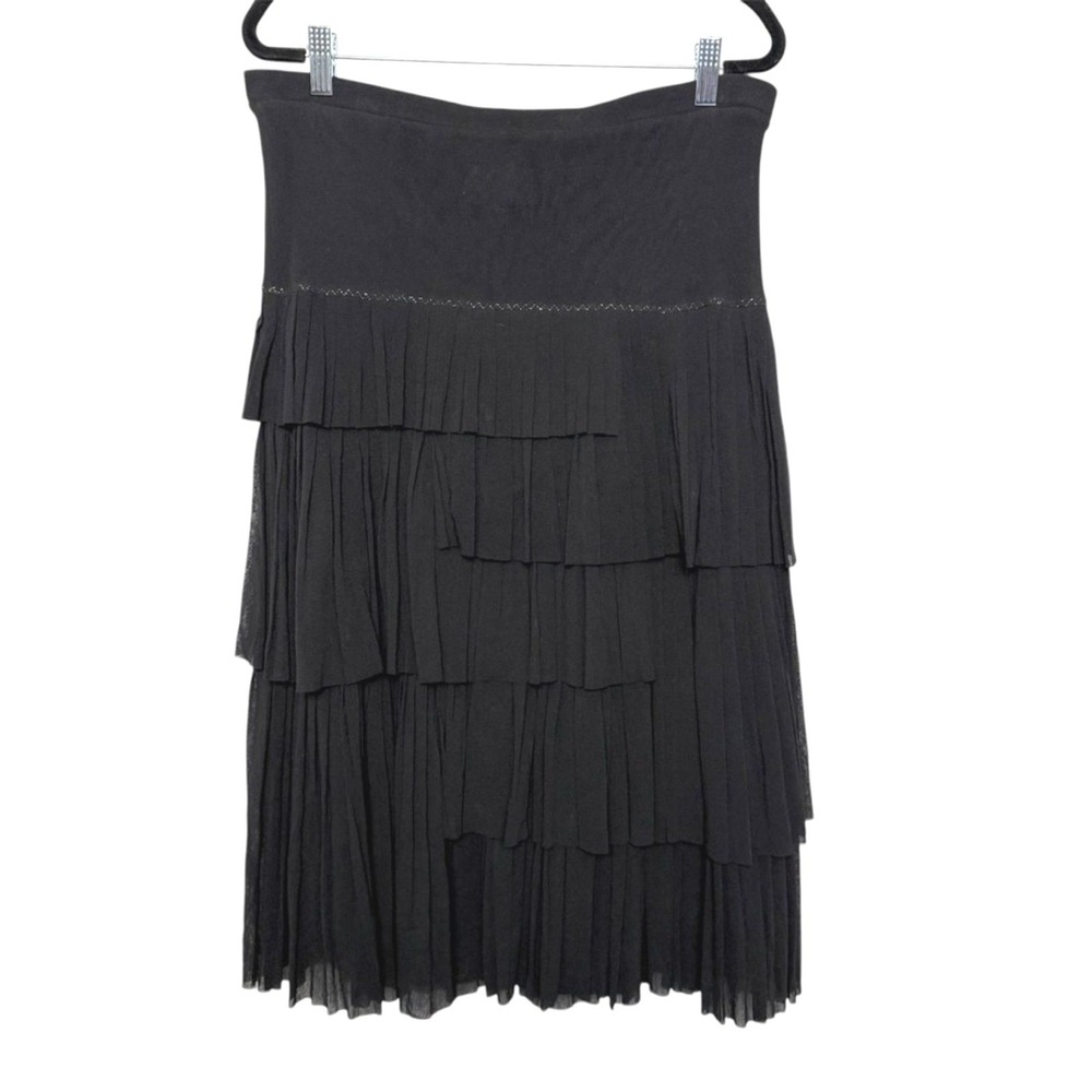 Fuzzi Black Layered Mesh Midi Skirt Tiered Stretch Waist M Italy